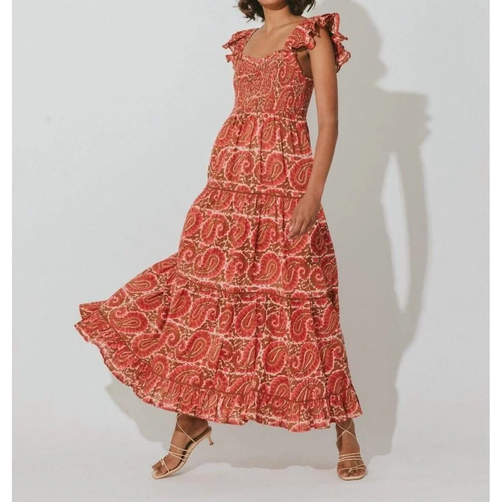 Cleobella Zahara Ankle Dress M Maxi Organic Cotton Paisley Resort Boho Vacation - Picture 1 of 12